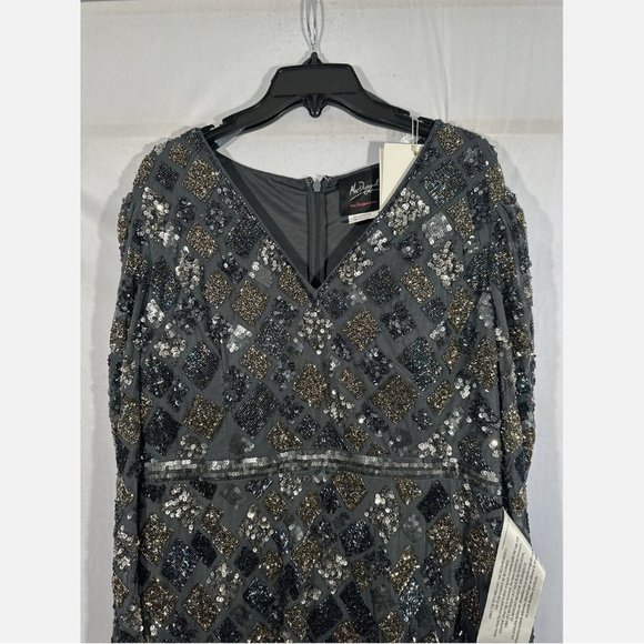 NWT‎ $498 Mac Duggal [ 16 ] Geo Embellished Midi Sheath Dress Charcoal Grey - Picture 9 of 14